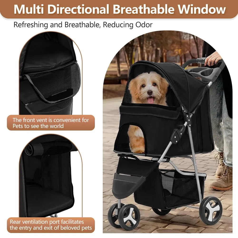 3-Wheel Foldable Pet Stroller for Dogs & Cats - Lightweight Travel Carrier with Cup Holder, Storage Basket & Smooth Ride - Perfect for Walks, Vet Visits (Black, 3 Wheels)