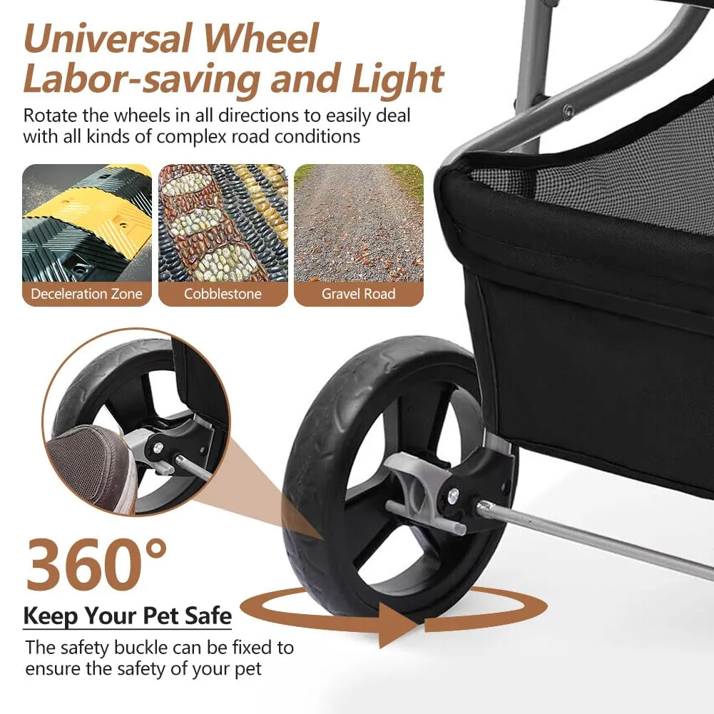 3-Wheel Foldable Pet Stroller for Dogs & Cats - Lightweight Travel Carrier with Cup Holder, Storage Basket & Smooth Ride - Perfect for Walks, Vet Visits (Black, 3 Wheels)
