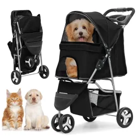 3-Wheel Foldable Pet Stroller for Dogs & Cats - Lightweight Travel Carrier with Cup Holder, Storage Basket & Smooth Ride - Perfect for Walks, Vet Visits (Black, 3 Wheels)