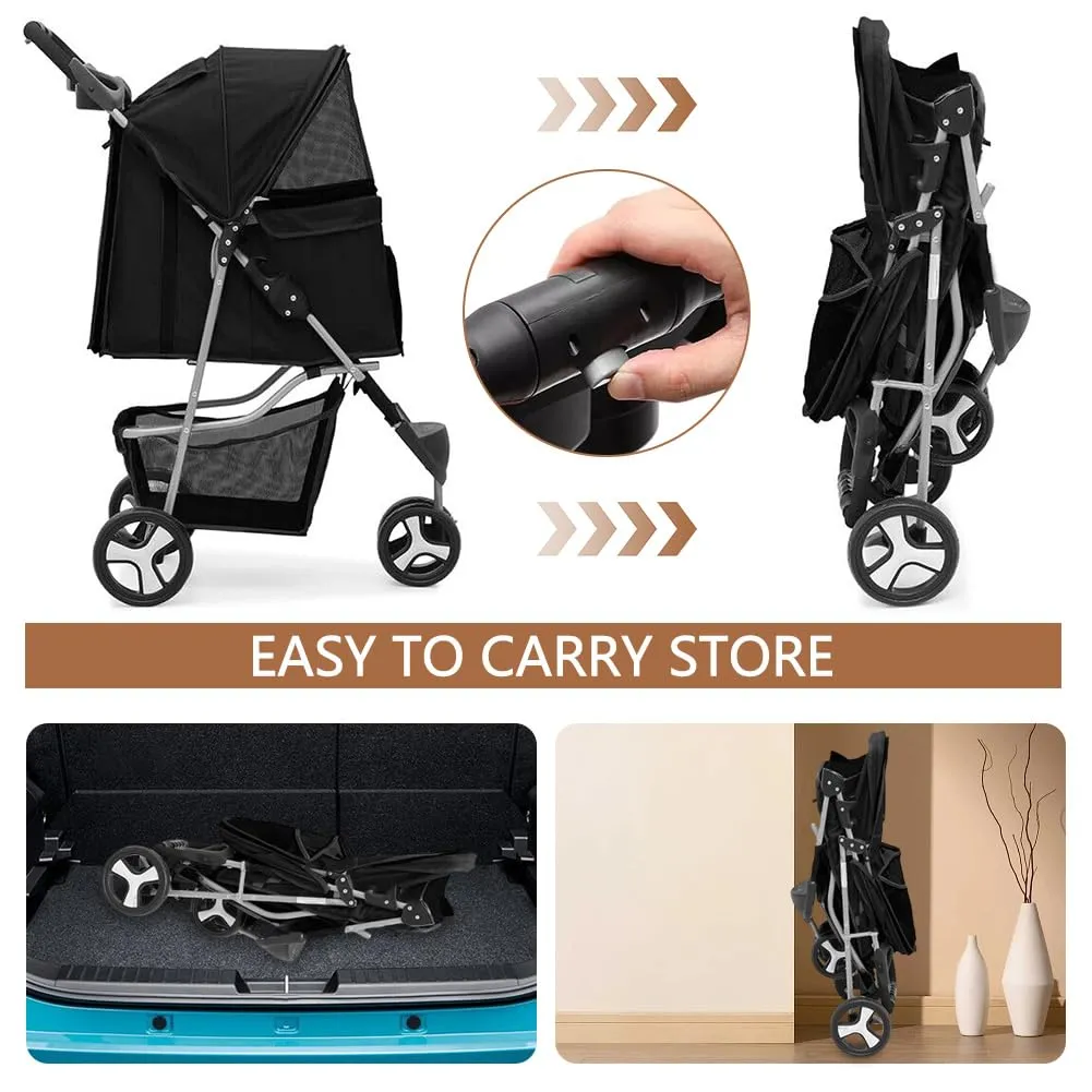 3-Wheel Foldable Pet Stroller for Dogs & Cats - Lightweight Travel Carrier with Cup Holder, Storage Basket & Smooth Ride - Perfect for Walks, Vet Visits (Black, 3 Wheels)