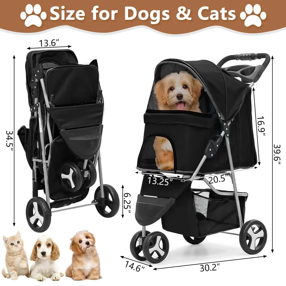 3-Wheel Foldable Pet Stroller for Dogs & Cats - Lightweight Travel Carrier with Cup Holder, Storage Basket & Smooth Ride - Perfect for Walks, Vet Visits (Black, 3 Wheels)