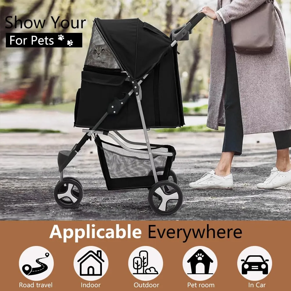 3-Wheel Foldable Pet Stroller for Dogs & Cats - Lightweight Travel Carrier with Cup Holder, Storage Basket & Smooth Ride - Perfect for Walks, Vet Visits (Black, 3 Wheels)