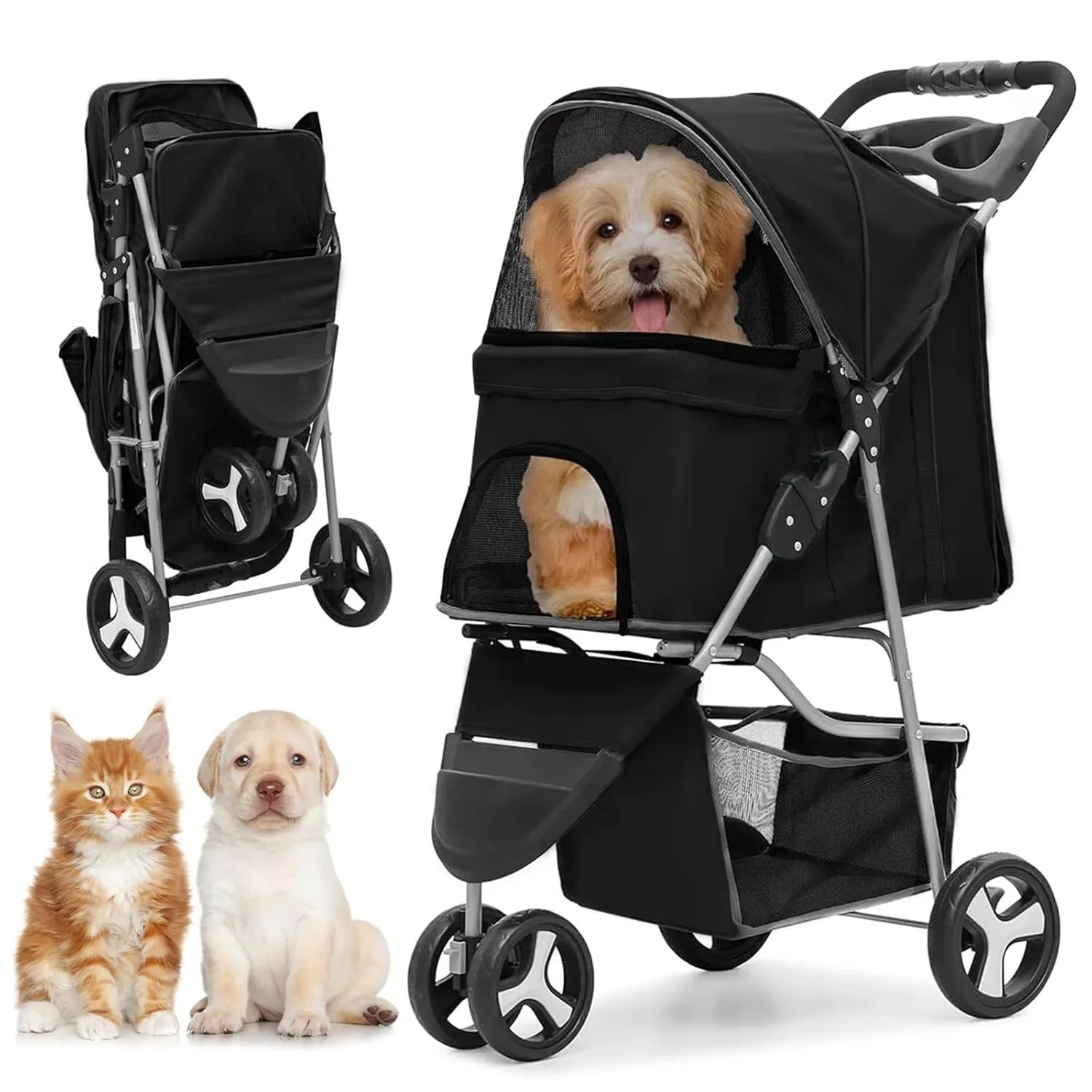 3-Wheel Foldable Pet Stroller for Dogs & Cats - Lightweight Travel Carrier with Cup Holder, Storage Basket & Smooth Ride - Perfect for Walks, Vet Visits (Black, 3 Wheels)