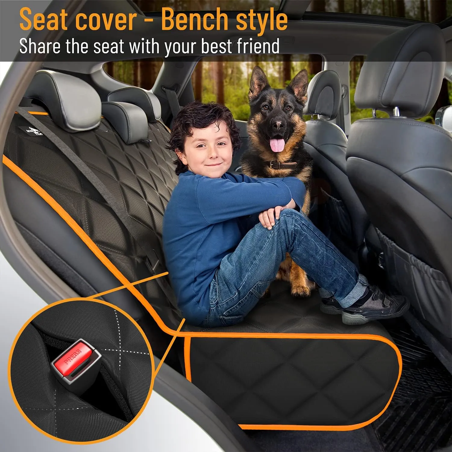Active Pets Fabric Car Bench Dog Seat Cover for Back Seat, Waterproof Vehicle Seat Covers, Durable Scratch Proof Nonslip, Protector for Pet Fur & Mud, Washable - Orange