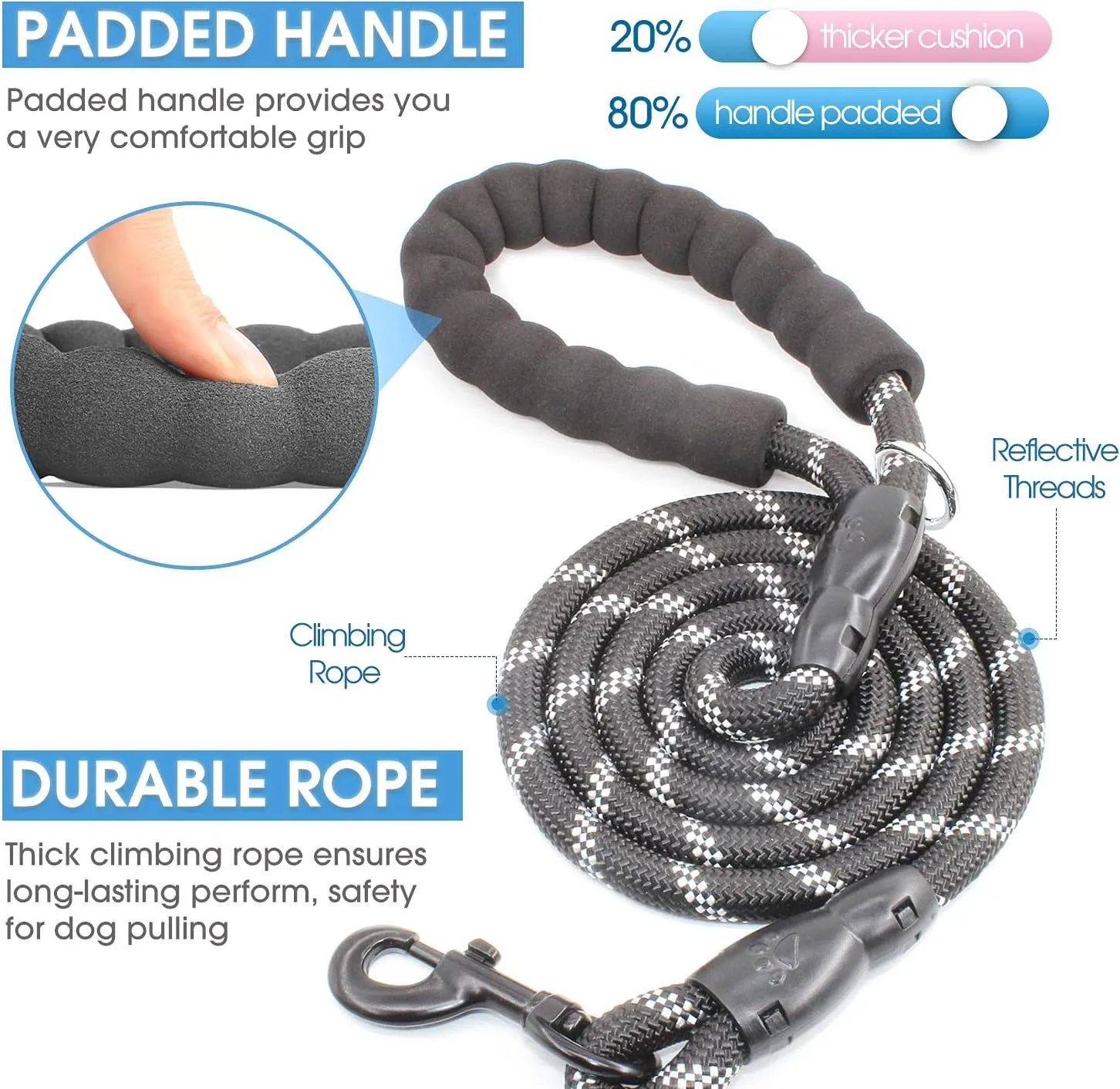 BAAPET 2/4/5/6 FT Dog Leash with Comfortable Padded Handle and Highly Reflective Threads for Small Medium and Large Dogs (6FT-1/2'', Black)