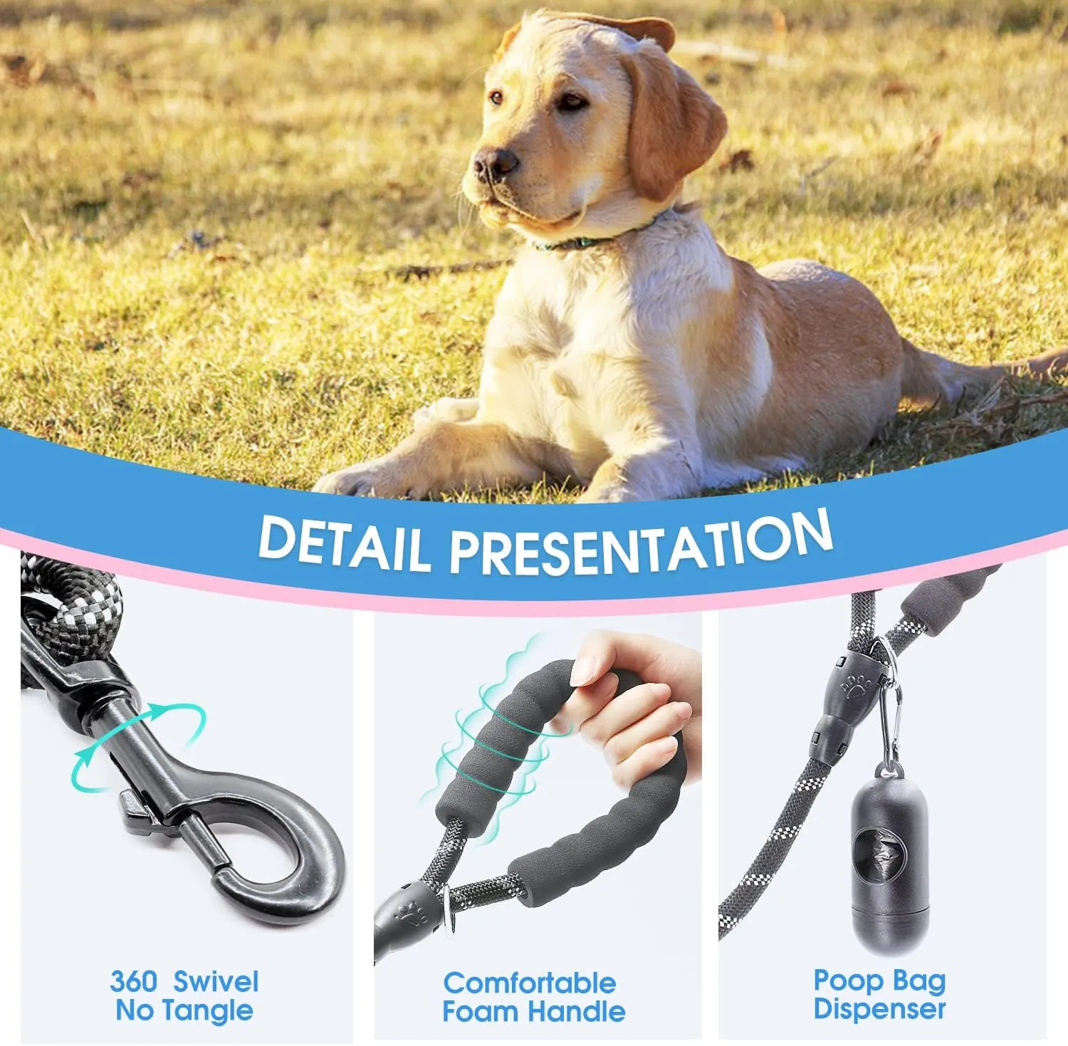 BAAPET 2/4/5/6 FT Dog Leash with Comfortable Padded Handle and Highly Reflective Threads for Small Medium and Large Dogs (6FT-1/2'', Black)