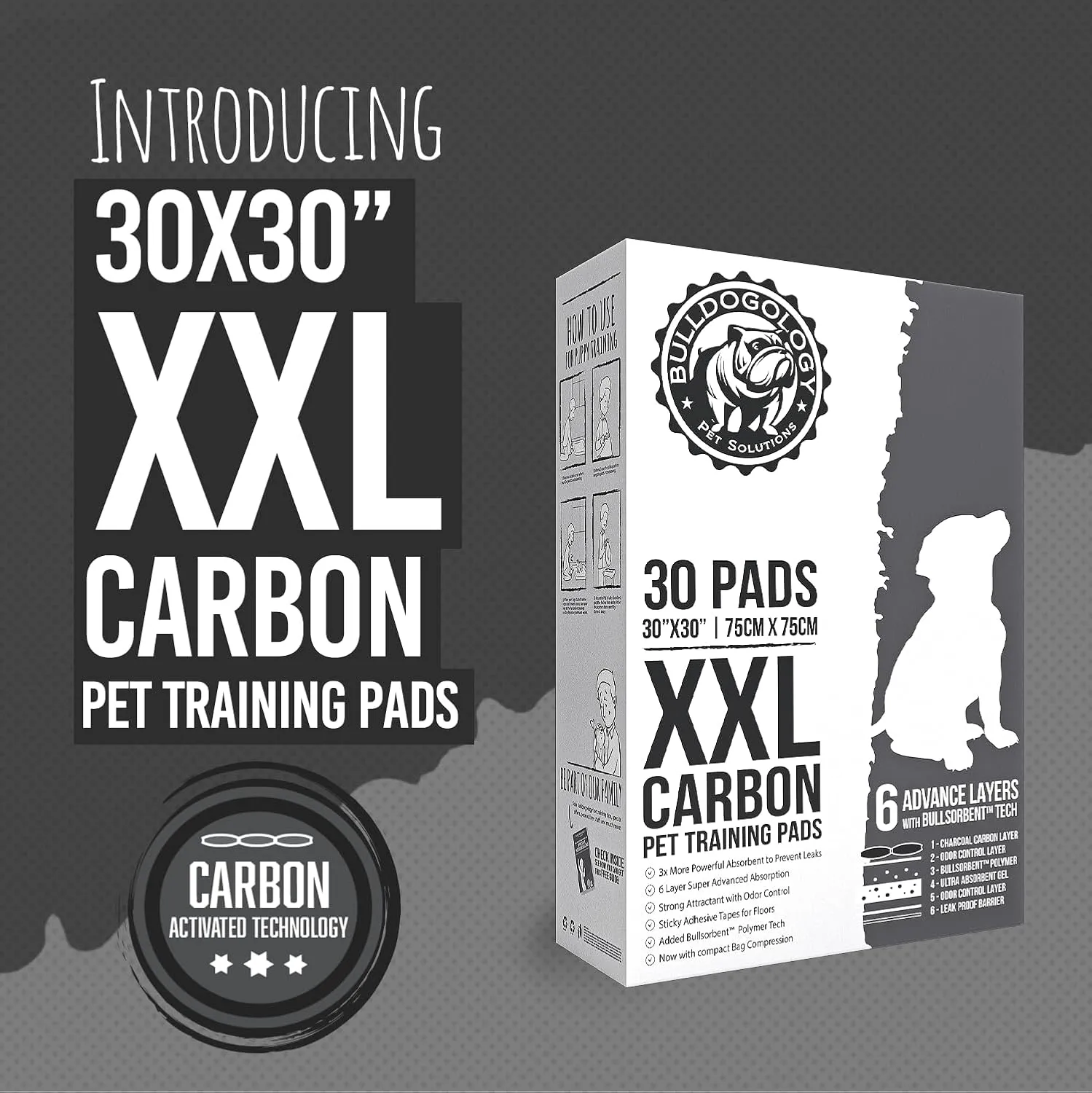 Bulldogology Charcoal XXL Pee Pads for Dogs (30x30) Puppy Pee Pads with Adhesive Sticky Tape - Leak Proof Charcoal Puppy Pads - Ultra Absorbing Charcoal Dog Pads - Activated Carbon Pee Pads (30-Count)