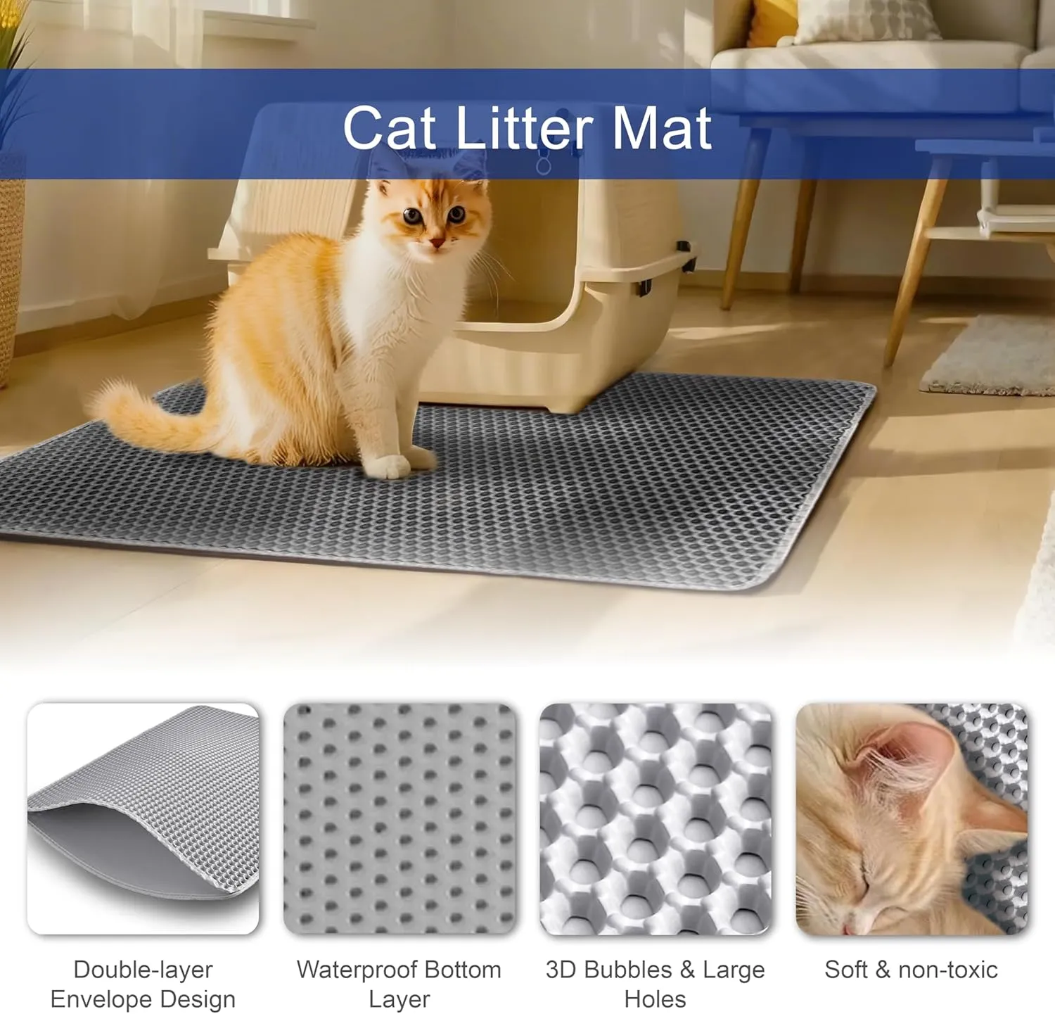 Cat Litter Mat, EVA Honeycomb Double Layer, Waterproof, Non-Slip, Easy to Clean, Scatter Control, Soft on Paws, Large Cat Litter Box Mat, Kitty Litter Trapping Mat