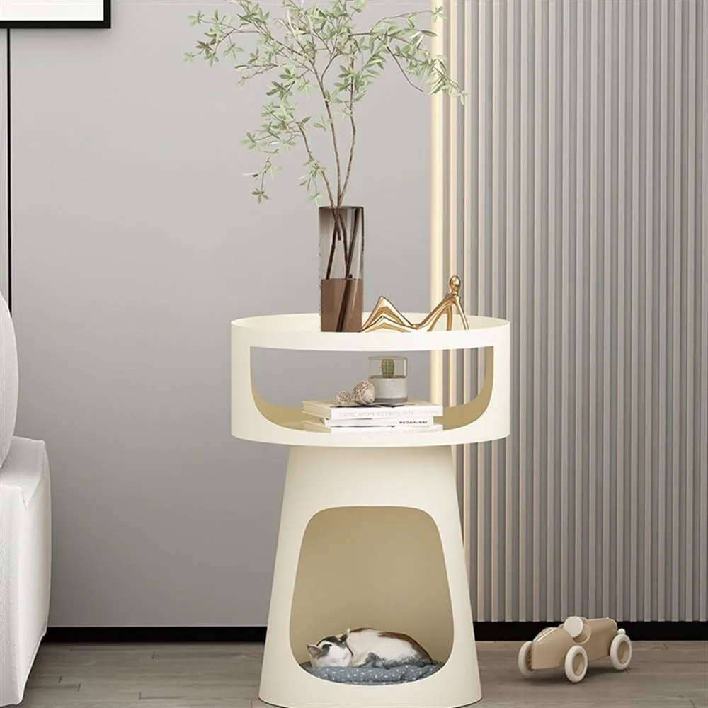 Coffee Table Creative Metal Round Side Table Double-Layer Coffee Table, Balcony Sofa Table, Bedroom Nightstand, Pet Bed for Cats Tea Table Side Table(White)