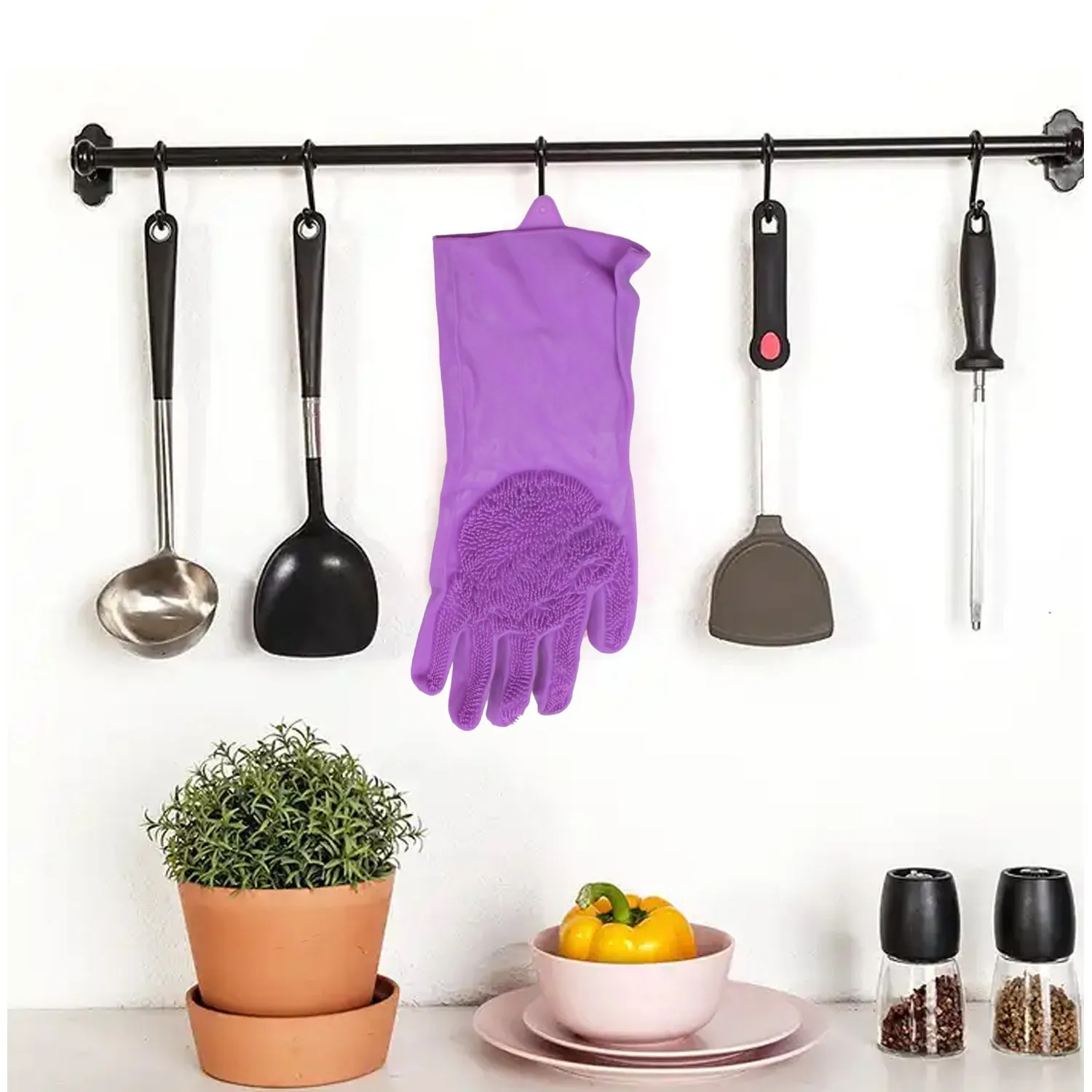 Dishwashing Gloves with Scrubber for Kitchen & Bathroom