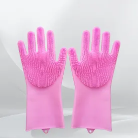 Dishwashing Gloves With Scrubber Silicone Cleaning Reusable Scrub Gloves For Wash Dish Kitchen Bathroom Pet Grooming Wet And Dry Glove (1 Pair 250 Gm)