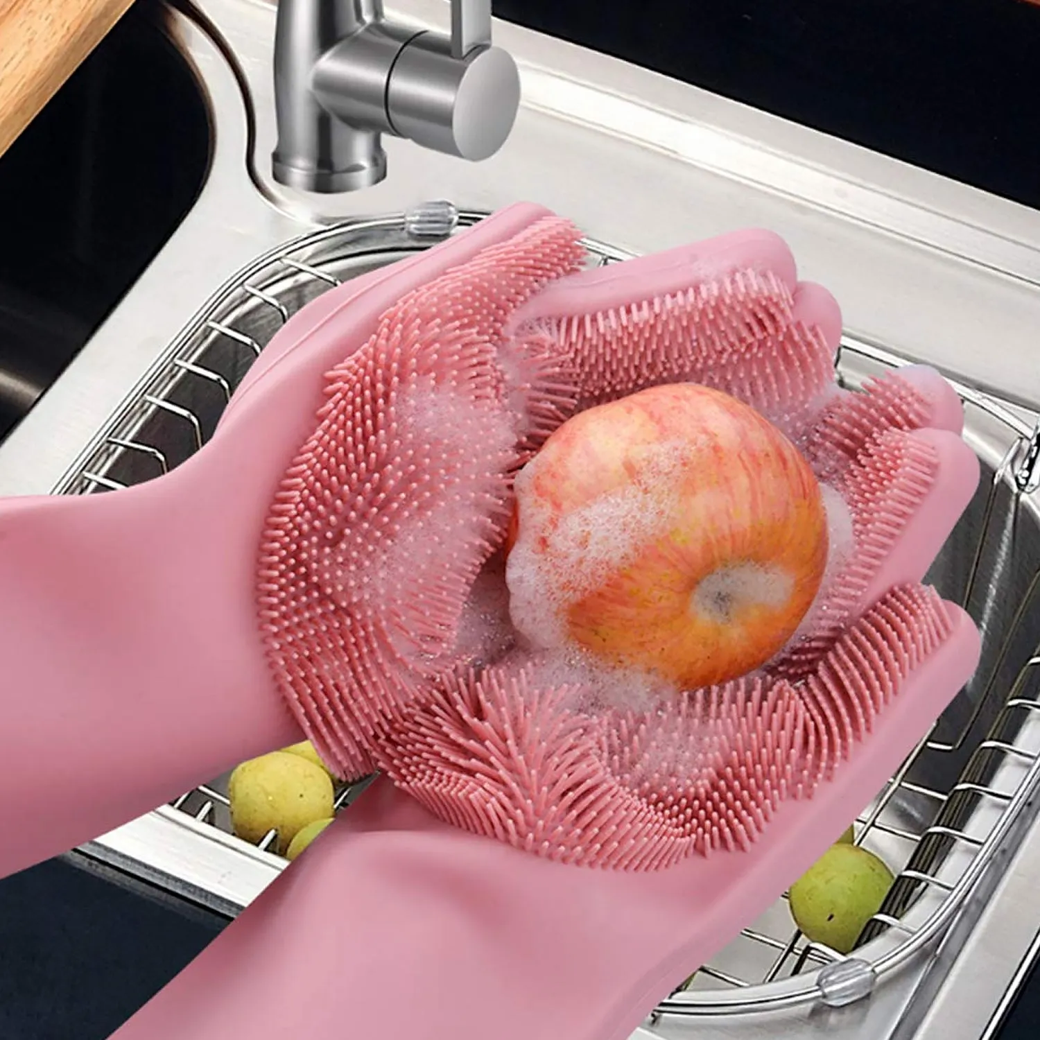 Dishwashing Gloves With Scrubber Silicone Cleaning Reusable Scrub Gloves For Wash Dish Kitchen Bathroom Pet Grooming Wet And Dry Glove (1 Pair 250 Gm)