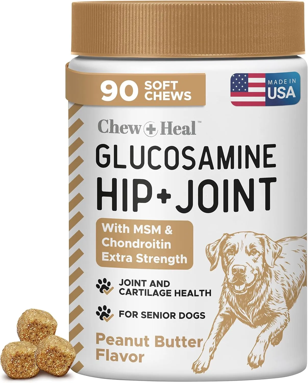 Dog Glucosamine Chews, 90 Count - Hip and Joint Supplement for Dogs - MSM, Chondroitin for Joint and Cartilage Health - Puppies and Seniors, Small and Large Breeds, Peanut Butter Flavor