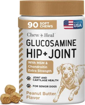 Dog Glucosamine Chews, 90 Count - Hip and Joint Supplement for Dogs - MSM, Chondroitin for Joint and Cartilage Health - Puppies and Seniors, Small and Large Breeds, Peanut Butter Flavor