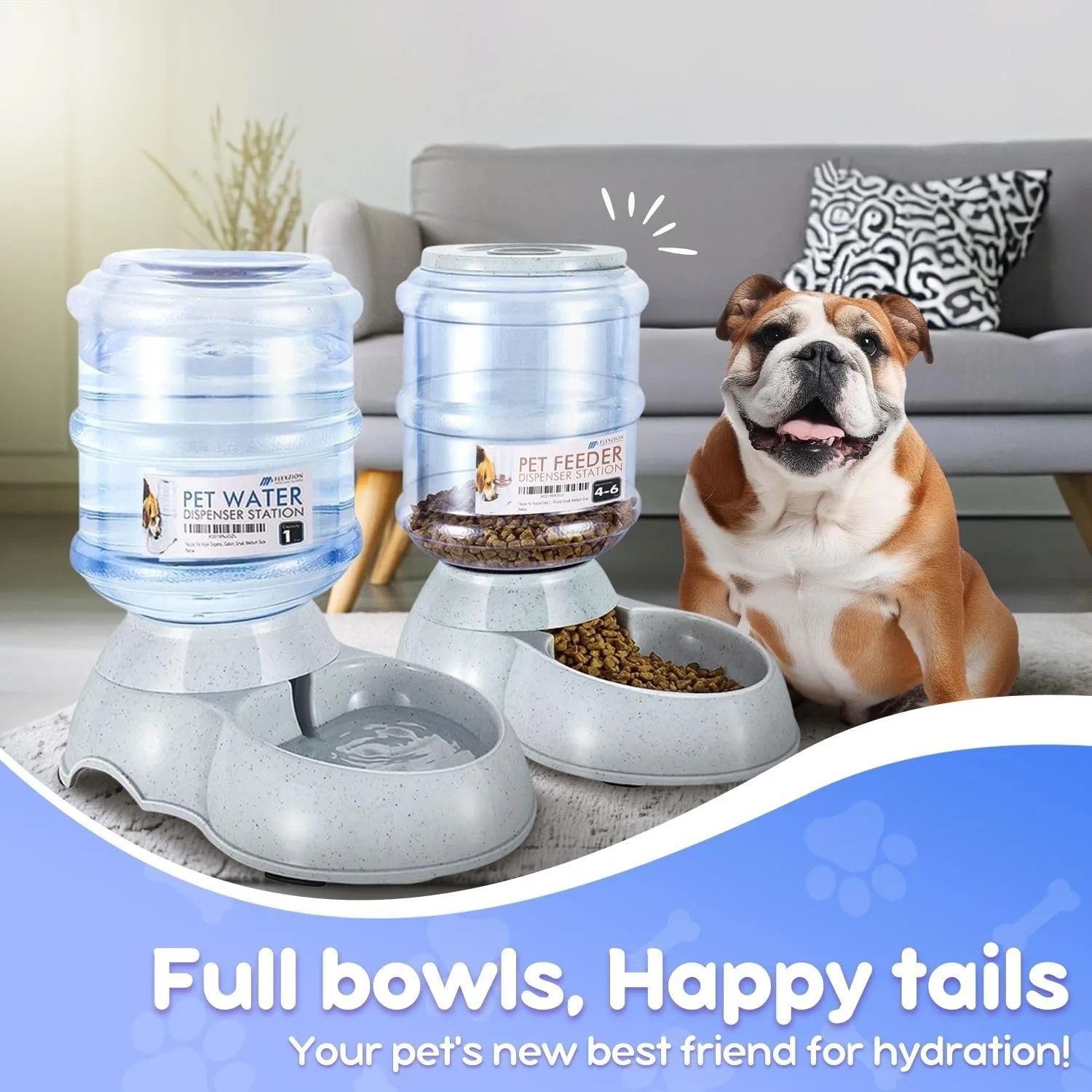 Flexzion Automatic Pet Feeder & Waterer Set of 2 Pack, Self Feeding Replenish Dog Cat Bowls, Gravity Food & Water Storage Container Fountain Jug Pet Supplies Plastic Skid Proof Rubber Feet (1 Gallon)