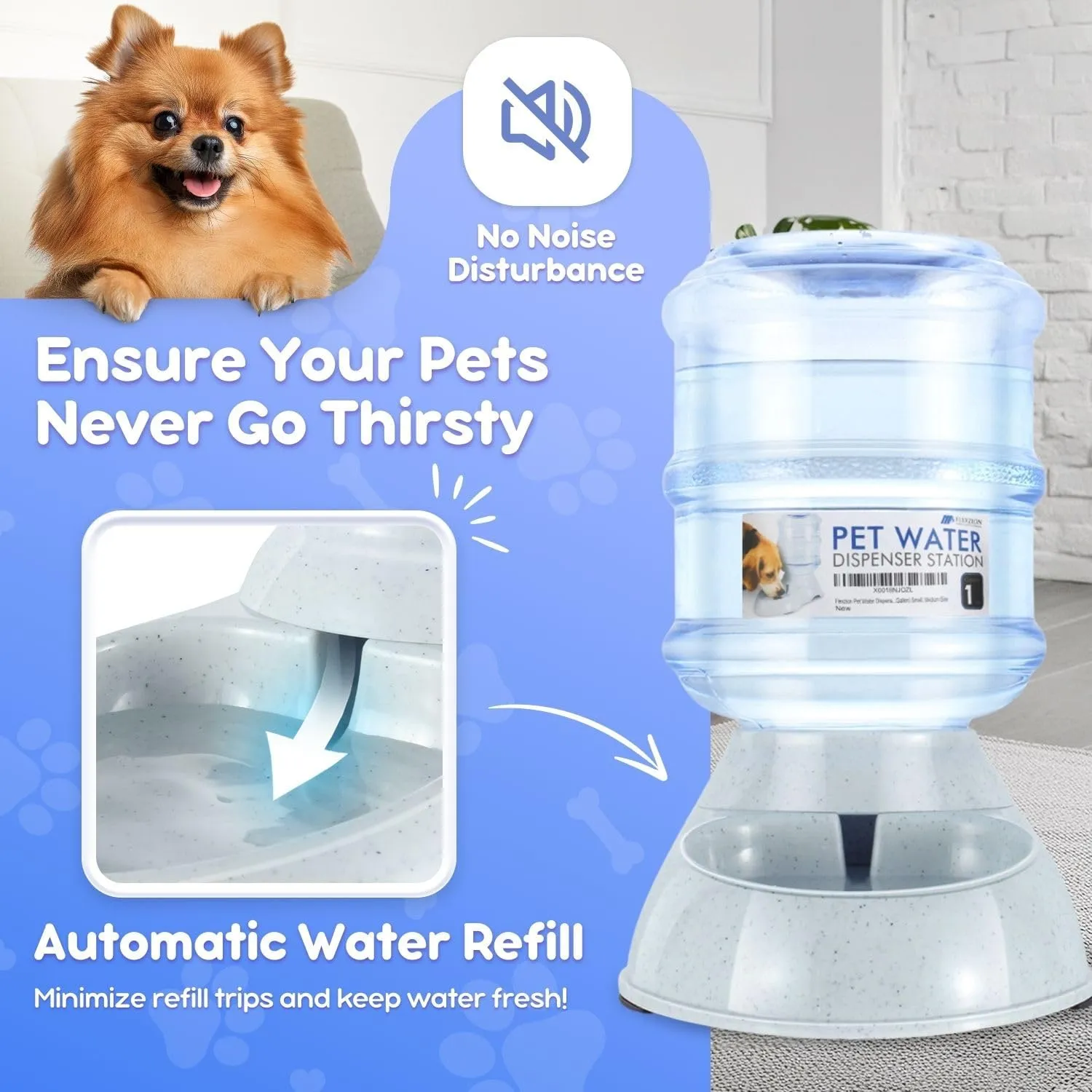 Flexzion Automatic Pet Feeder & Waterer Set of 2 Pack, Self Feeding Replenish Dog Cat Bowls, Gravity Food & Water Storage Container Fountain Jug Pet Supplies Plastic Skid Proof Rubber Feet (1 Gallon)