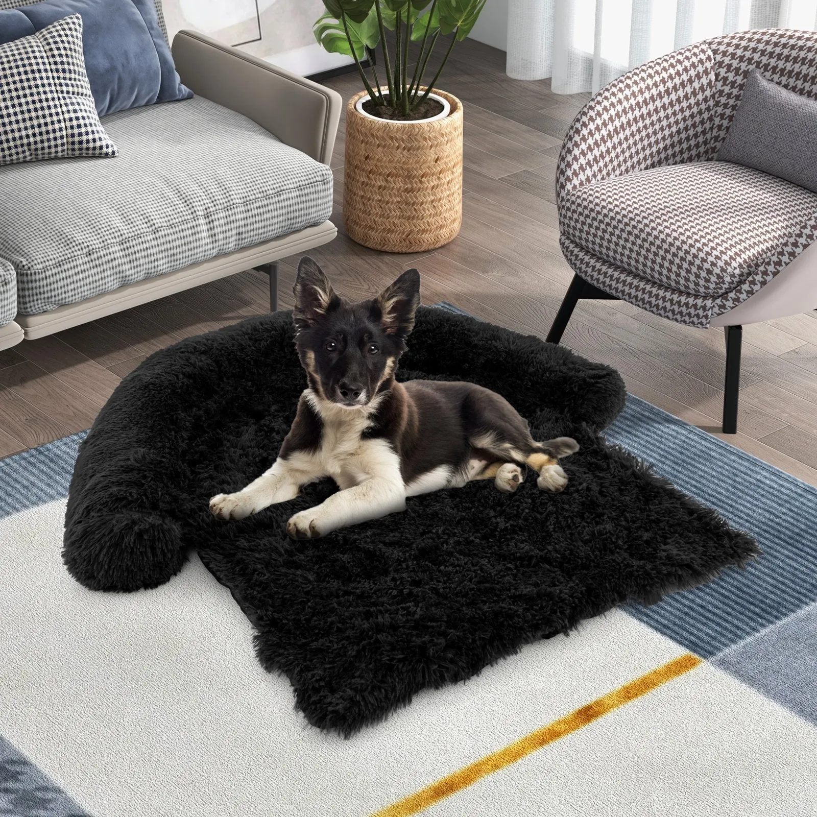 Fluffy Dog Mat Couch Cover Protector with Detachable Washable Cover and Anti-slip Bottom-Black-M