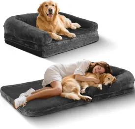 Foldable Human Dog Bed,Orthopedic Memory Foam Human Sized Dog Bed,2 in 1 Calming Human Size with Egg Foam Supportive Mat and Waterproof Liner,Storage Pocket (75x45x10)