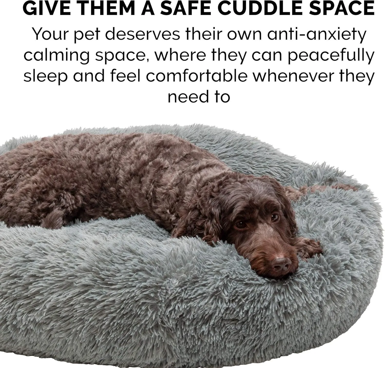 Furhaven 30" Round Calming Donut Dog Bed for Medium/Small Dogs, Refillable w/ Removable Washable Cover, For Dogs Up to 45 lbs - Shaggy Plush Long Faux Fur Donut Bed - Gray, Medium