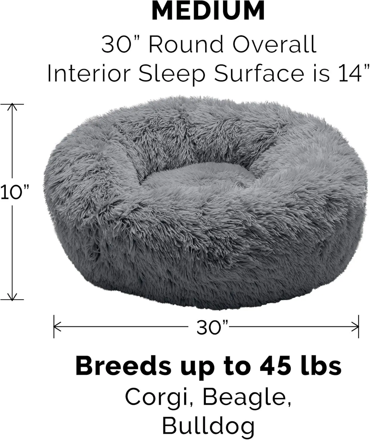 Furhaven 30" Round Calming Donut Dog Bed for Medium/Small Dogs, Refillable w/ Removable Washable Cover, For Dogs Up to 45 lbs - Shaggy Plush Long Faux Fur Donut Bed - Gray, Medium