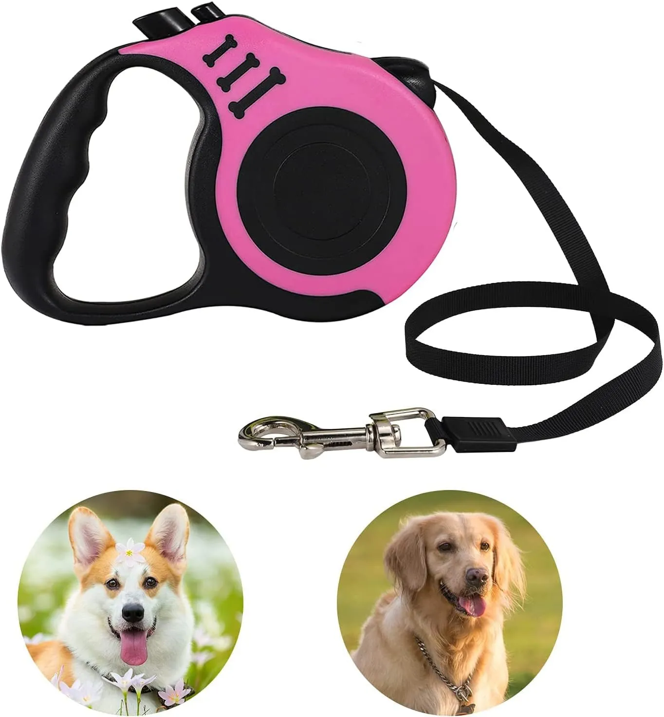 Heavy Duty Retractable Leash for Small Dog or Cat, 360 Tangle-Free Nylon Tape, Anti-Slip Handle, with Waste Bag Dispenser (10FT Pink)