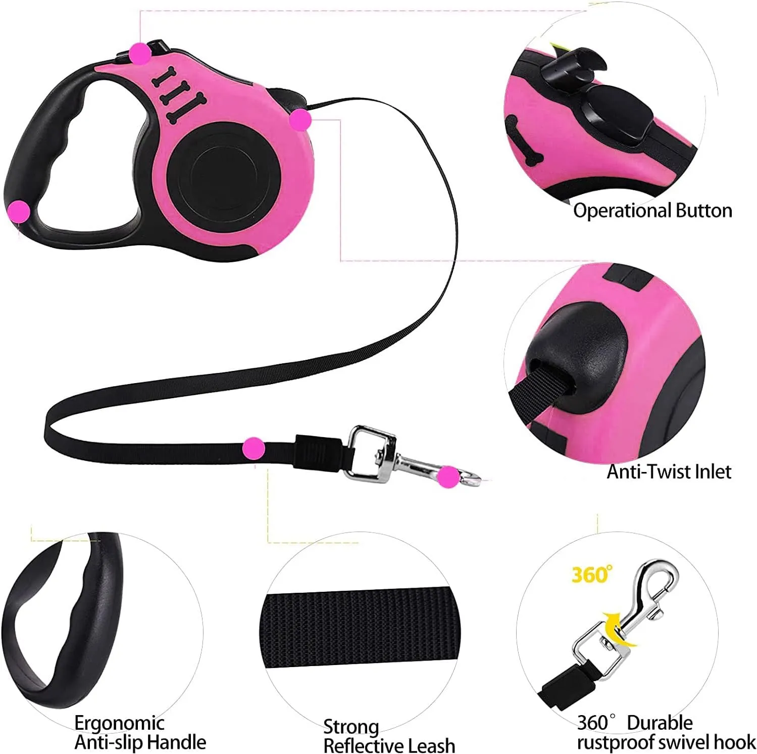 Heavy Duty Retractable Leash for Small Dog or Cat, 360 Tangle-Free Nylon Tape, Anti-Slip Handle, with Waste Bag Dispenser (10FT Pink)