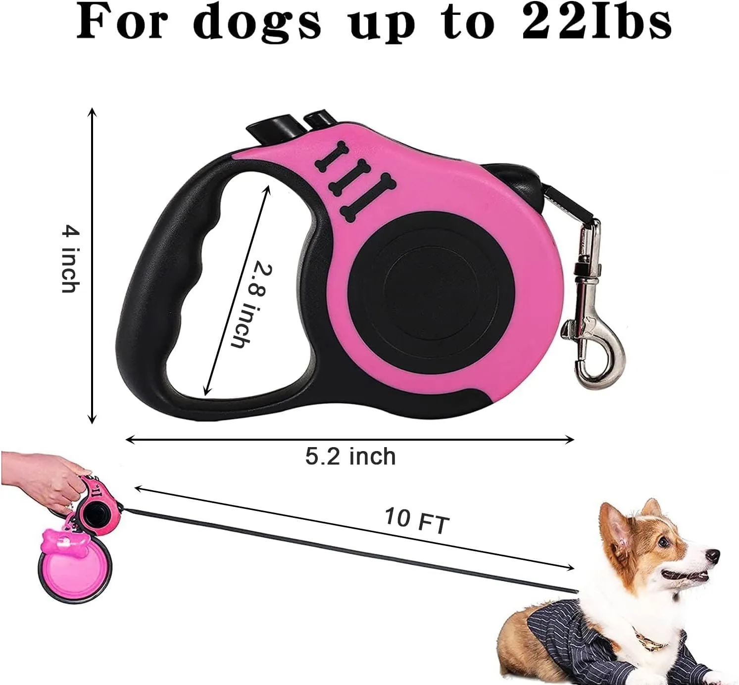 Heavy Duty Retractable Leash for Small Dog or Cat, 360 Tangle-Free Nylon Tape, Anti-Slip Handle, with Waste Bag Dispenser (10FT Pink)