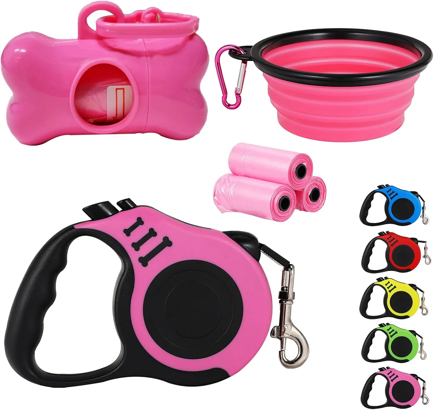 Heavy Duty Retractable Leash for Small Dog or Cat, 360 Tangle-Free Nylon Tape, Anti-Slip Handle, with Waste Bag Dispenser (10FT Pink)