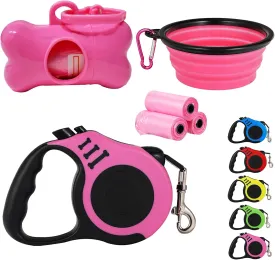 Heavy Duty Retractable Leash for Small Dog or Cat, 360 Tangle-Free Nylon Tape, Anti-Slip Handle, with Waste Bag Dispenser (10FT Pink)