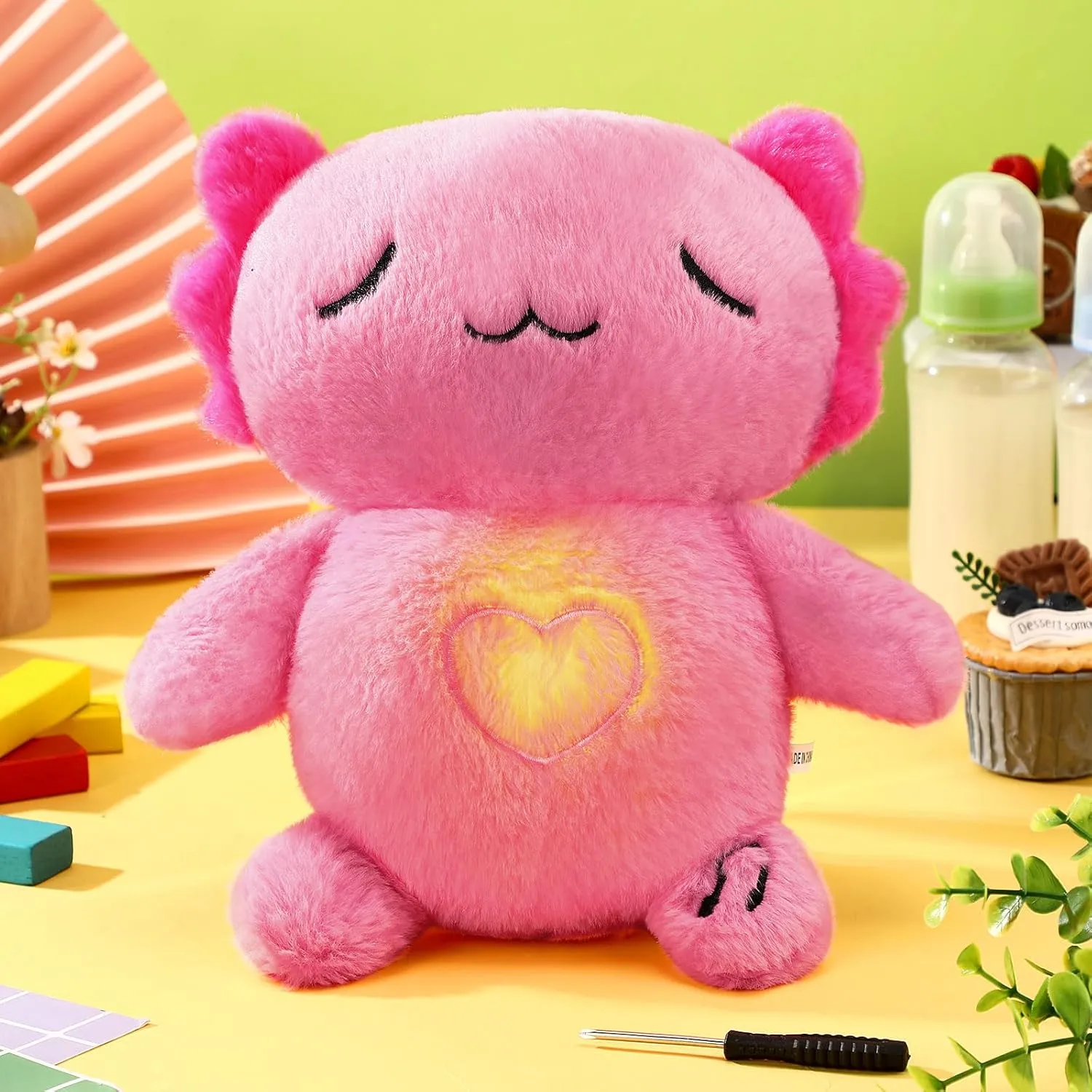 HyDren Breathing Stuffed Animal 9 inch Calming Soothers for Sleep Heartbeat Plush for Anxiety with Music Lights and Rhythmic Breathing Motion Anxiety Relief Portable Plush Sound Machine(Axolotl)