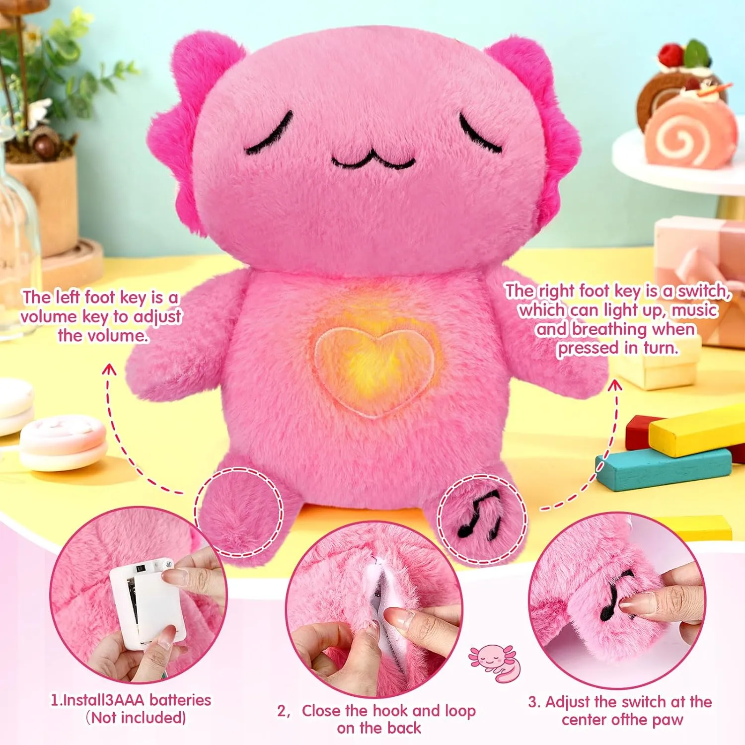 HyDren Breathing Stuffed Animal 9 inch Calming Soothers for Sleep Heartbeat Plush for Anxiety with Music Lights and Rhythmic Breathing Motion Anxiety Relief Portable Plush Sound Machine(Axolotl)