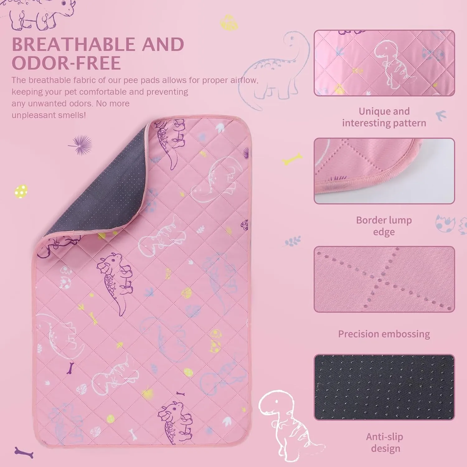 IEUUMLER Washable Pee Pads for Dogs, 2 Pack Non-Slip & Waterproof Pack Whelping Pad, Reusable Washable Puppy Potty Training Pad with Fast Absorbent for Playpen EU007 (Pink Dinosaur, 24"X18"-2pcs)