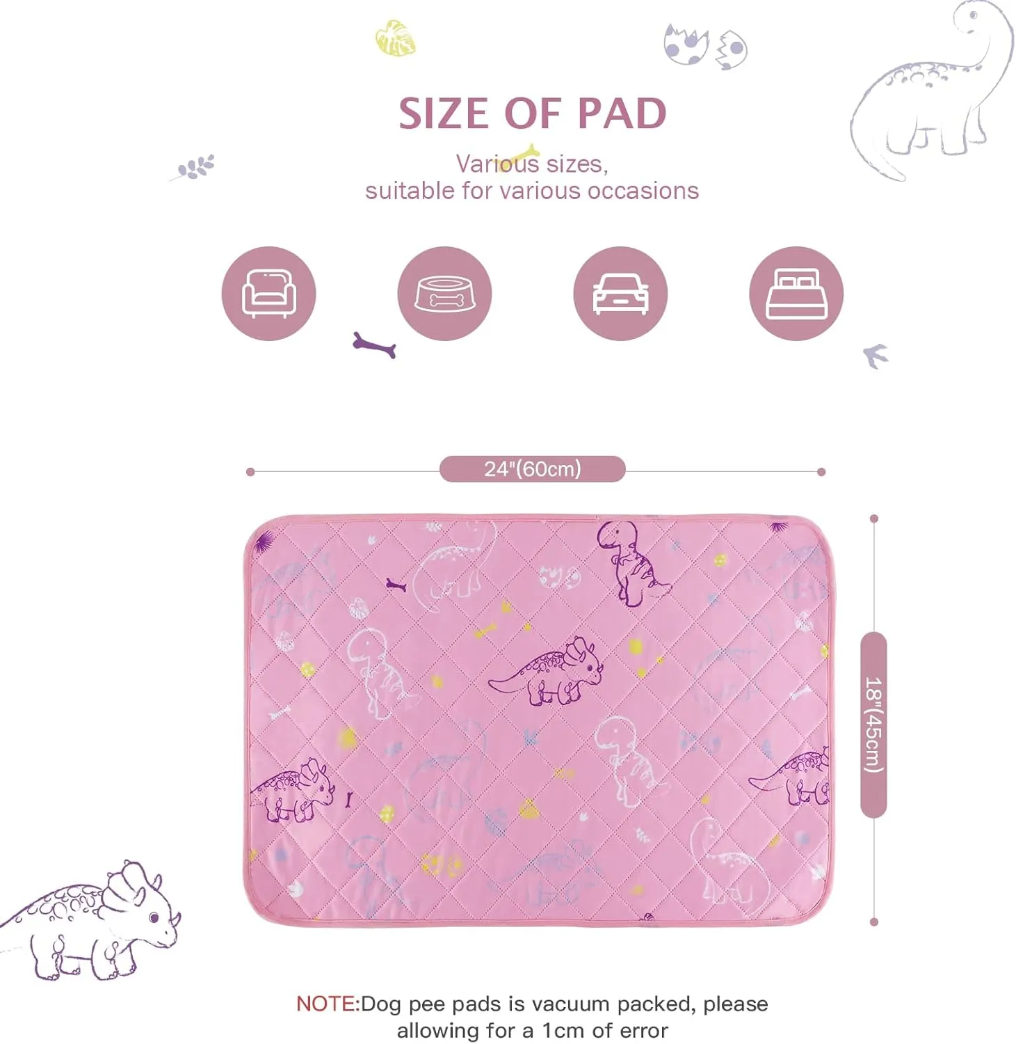 IEUUMLER Washable Pee Pads for Dogs, 2 Pack Non-Slip & Waterproof Pack Whelping Pad, Reusable Washable Puppy Potty Training Pad with Fast Absorbent for Playpen EU007 (Pink Dinosaur, 24"X18"-2pcs)