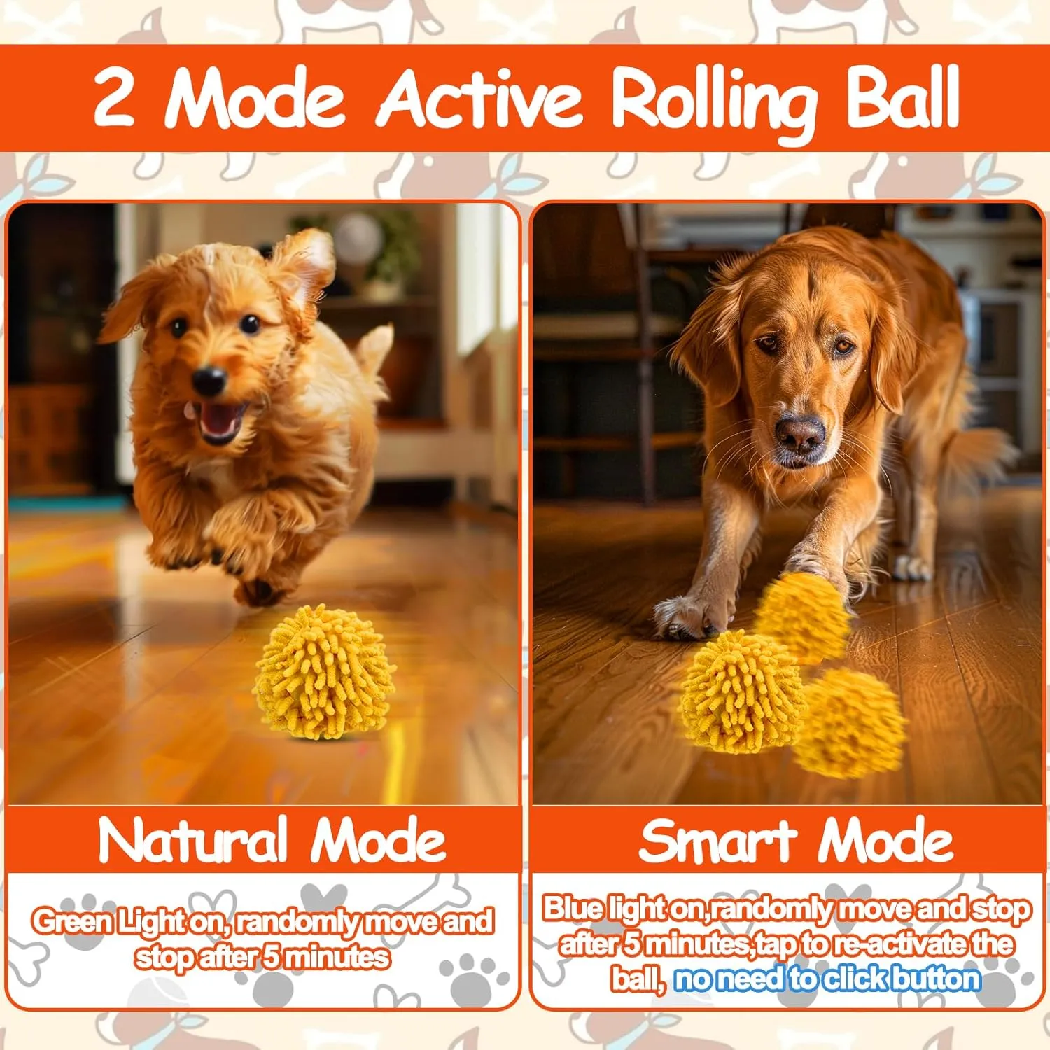 Interactive Dog Toys - Self Rolling Dog Ball with Anti-Chewer Cover for Small/Medium/Large Puppy, Active Rolling Ball for Dogs Enrichment, Motion Activated Toys That Move Its Own Orange