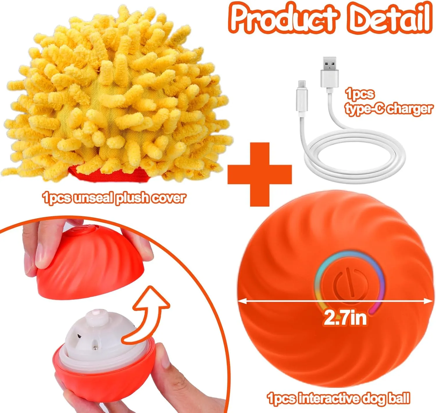 Interactive Dog Toys - Self Rolling Dog Ball with Anti-Chewer Cover for Small/Medium/Large Puppy, Active Rolling Ball for Dogs Enrichment, Motion Activated Toys That Move Its Own Orange