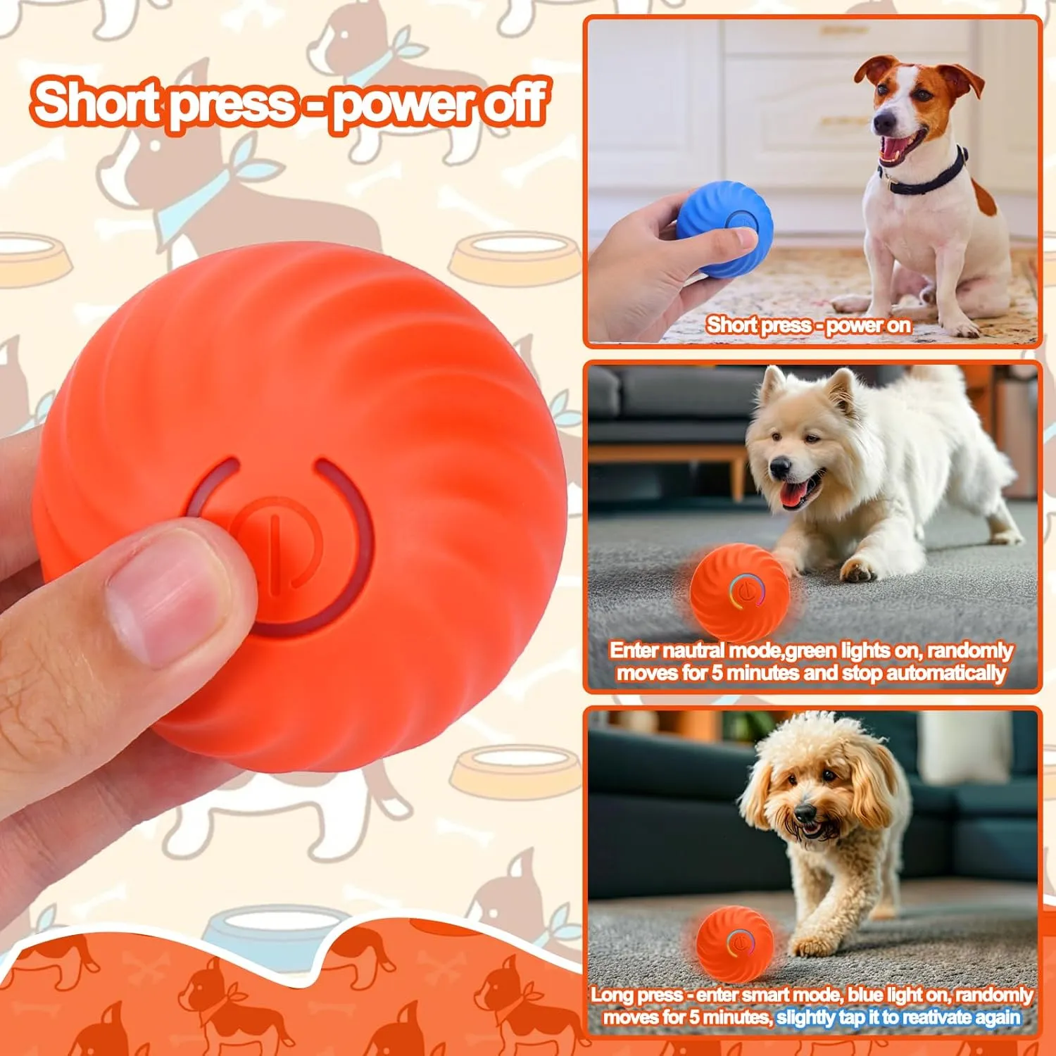 Interactive Dog Toys - Self Rolling Dog Ball with Anti-Chewer Cover for Small/Medium/Large Puppy, Active Rolling Ball for Dogs Enrichment, Motion Activated Toys That Move Its Own Orange