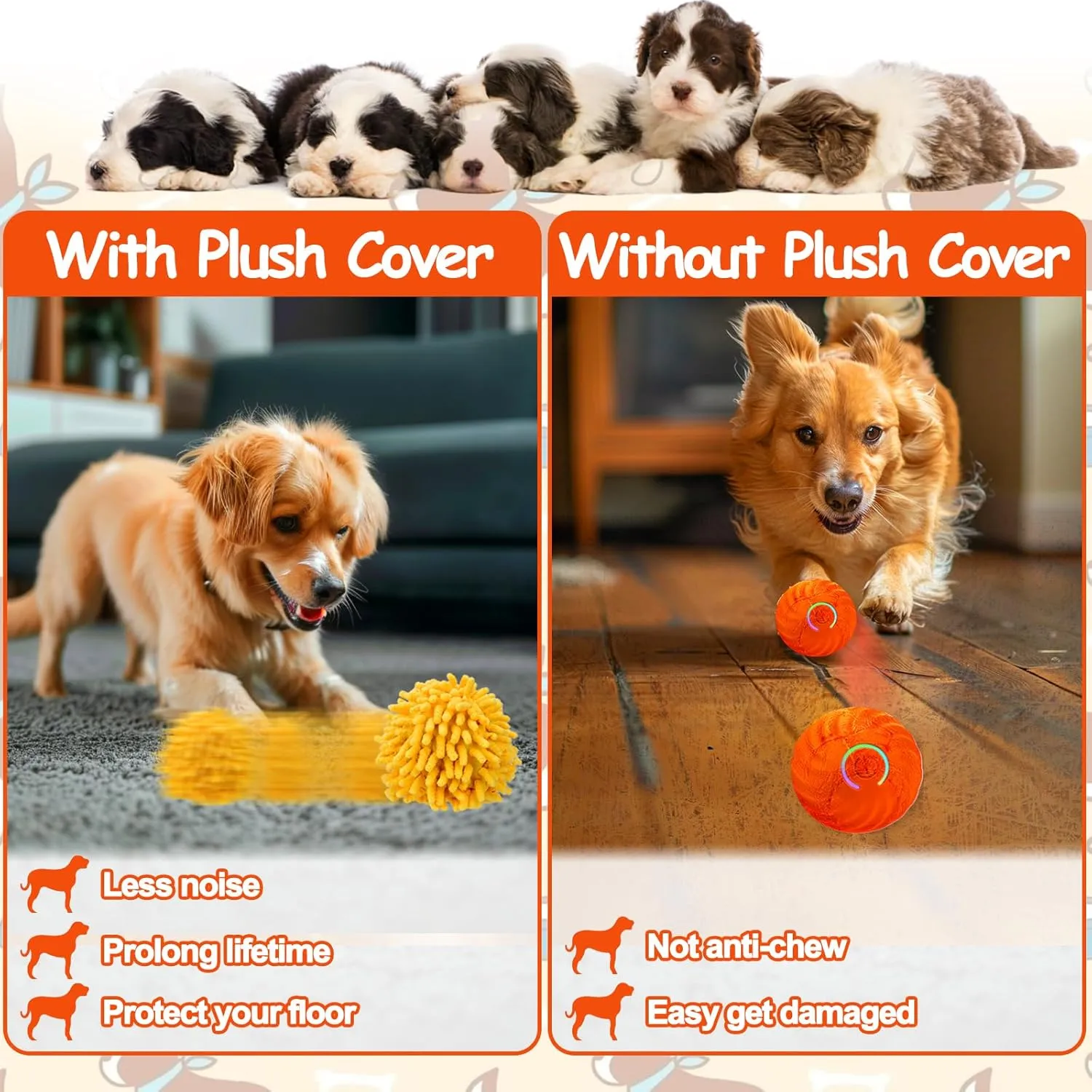 Interactive Dog Toys - Self Rolling Dog Ball with Anti-Chewer Cover for Small/Medium/Large Puppy, Active Rolling Ball for Dogs Enrichment, Motion Activated Toys That Move Its Own Orange
