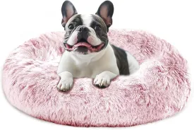 JOLLYVOGUE Medium Calming Dog Bed, Anti-Anxiety Donut Cuddler Cat Bed with Anti-Slip Bottom, Fluffy Faux Fur Machine Washable Pet Cushion for Medium Dog & Cat, 27"/Smoke Pink