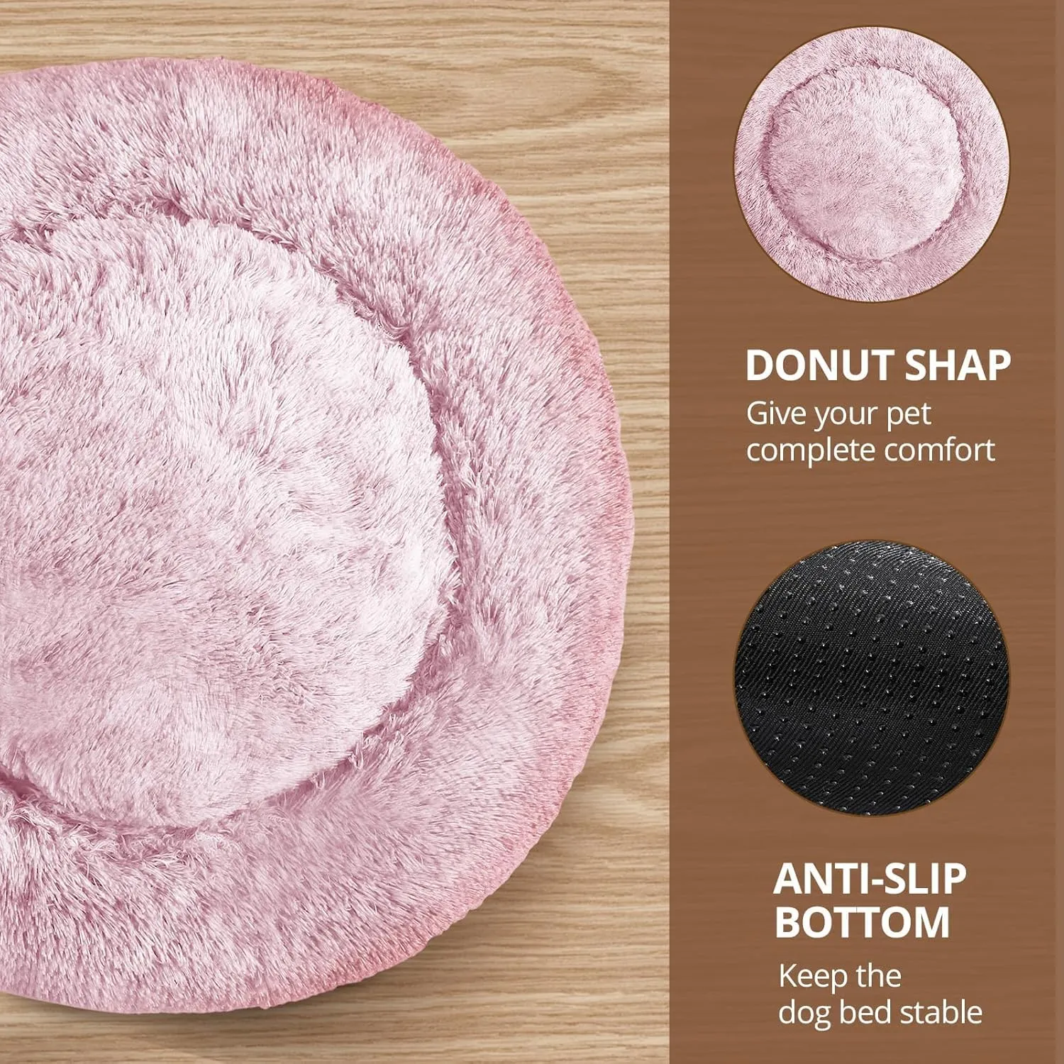 JOLLYVOGUE Medium Calming Dog Bed, Anti-Anxiety Donut Cuddler Cat Bed with Anti-Slip Bottom, Fluffy Faux Fur Machine Washable Pet Cushion for Medium Dog & Cat, 27"/Smoke Pink