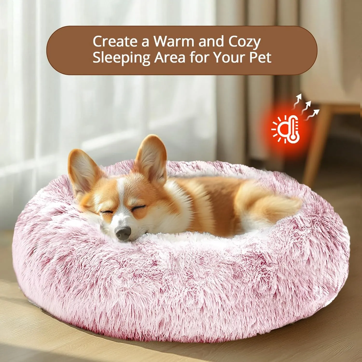 JOLLYVOGUE Medium Calming Dog Bed, Anti-Anxiety Donut Cuddler Cat Bed with Anti-Slip Bottom, Fluffy Faux Fur Machine Washable Pet Cushion for Medium Dog & Cat, 27"/Smoke Pink