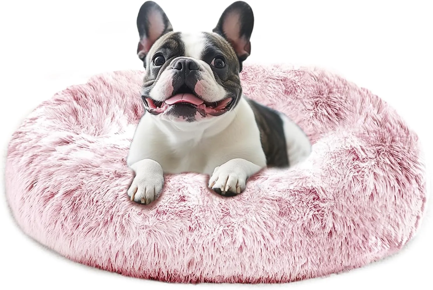 JOLLYVOGUE Medium Calming Dog Bed, Anti-Anxiety Donut Cuddler Cat Bed with Anti-Slip Bottom, Fluffy Faux Fur Machine Washable Pet Cushion for Medium Dog & Cat, 27"/Smoke Pink