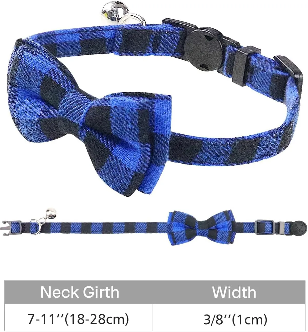 Joytale Upgraded Cat Collar with Bells, Breakaway Cat Collars with Bow Tie, 1 Pack Girl Boy Safety Plaid Kitten Collars, Blue