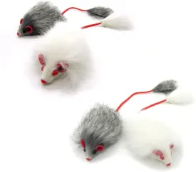 Kats'N Us Real Rabbit Fur Long Hair Mouse with Elastic Tail Cat Toy - 4pk