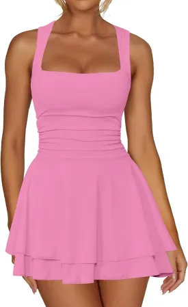 Kaximil Women's Square Neck Ruffle Hem Mini Dress Ruched Waist Short Party Dresses