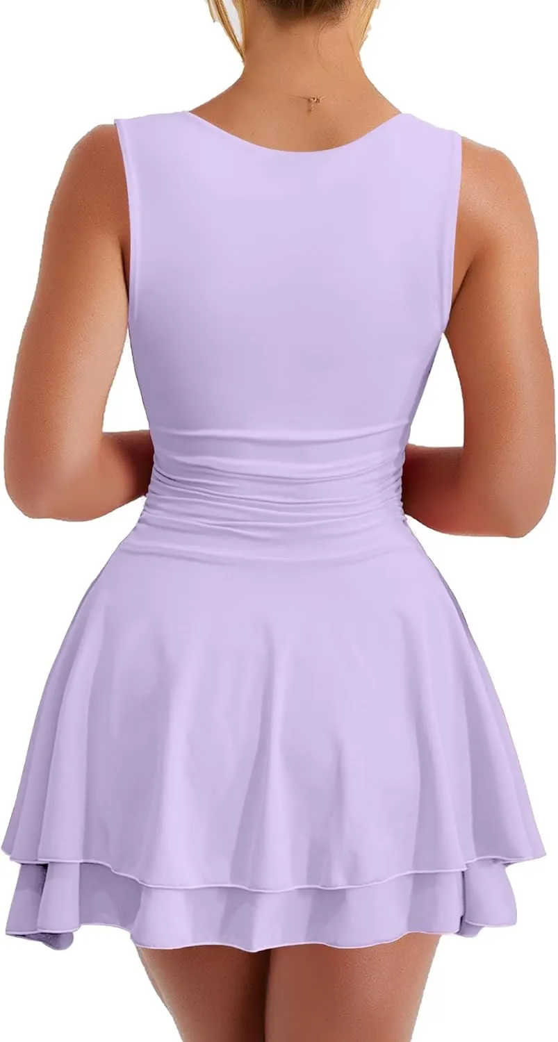 Kaximil Women's Square Neck Ruffle Hem Mini Dress Ruched Waist Short Party Dresses