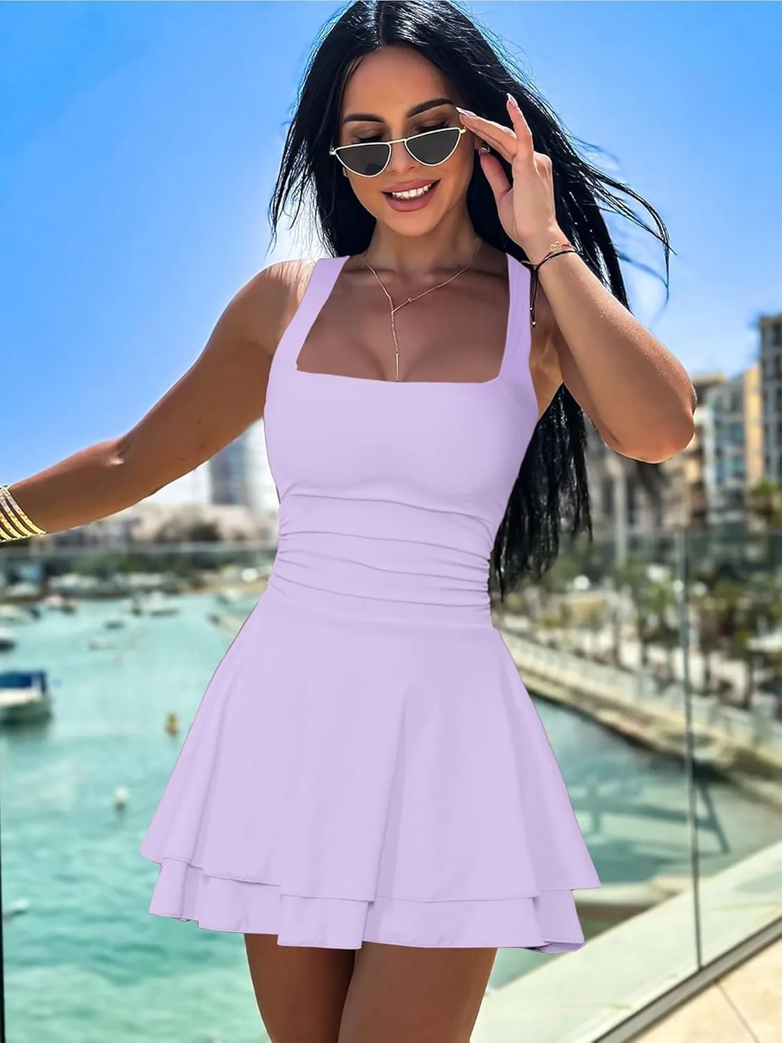 Kaximil Women's Square Neck Ruffle Hem Mini Dress Ruched Waist Short Party Dresses