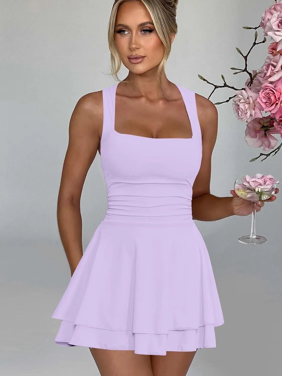 Kaximil Women's Square Neck Ruffle Hem Mini Dress Ruched Waist Short Party Dresses