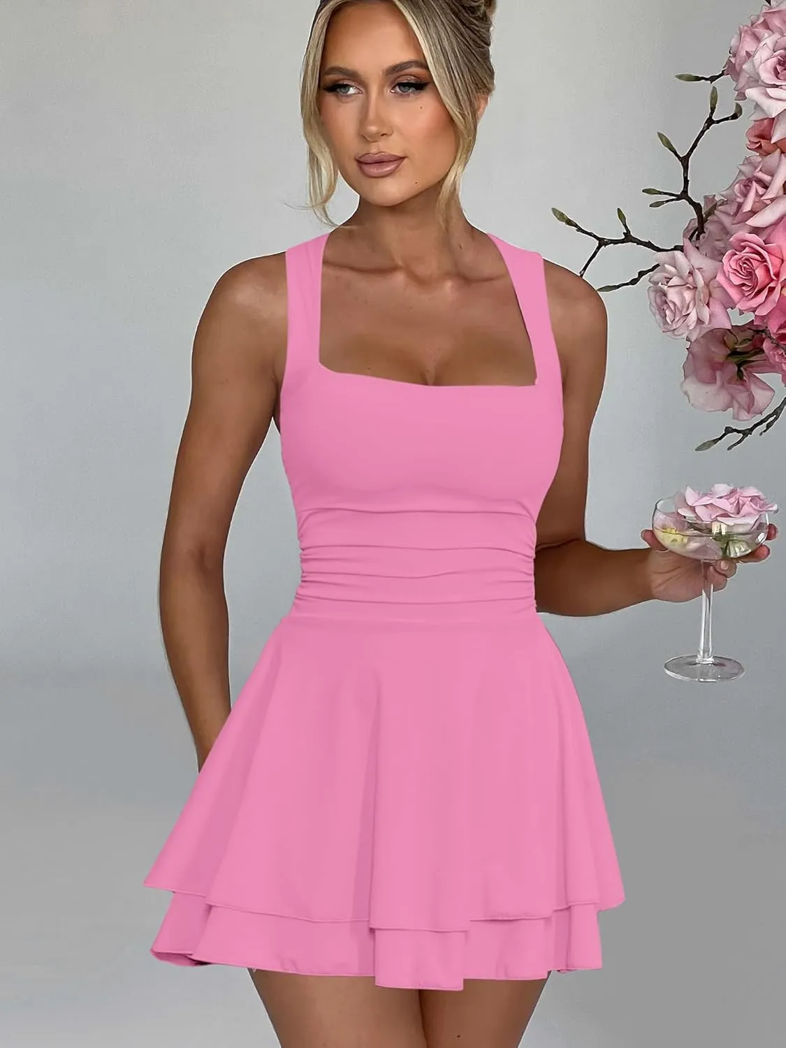 Kaximil Women's Square Neck Ruffle Hem Mini Dress Ruched Waist Short Party Dresses