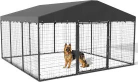 Kullavik Large Outdoor Dog Kennel,118" x 118" x 70.9" Heavy Duty Dog Cage with Roof,Galvanized Steel Dog Enclosure Fence with Double Security Locks,Black