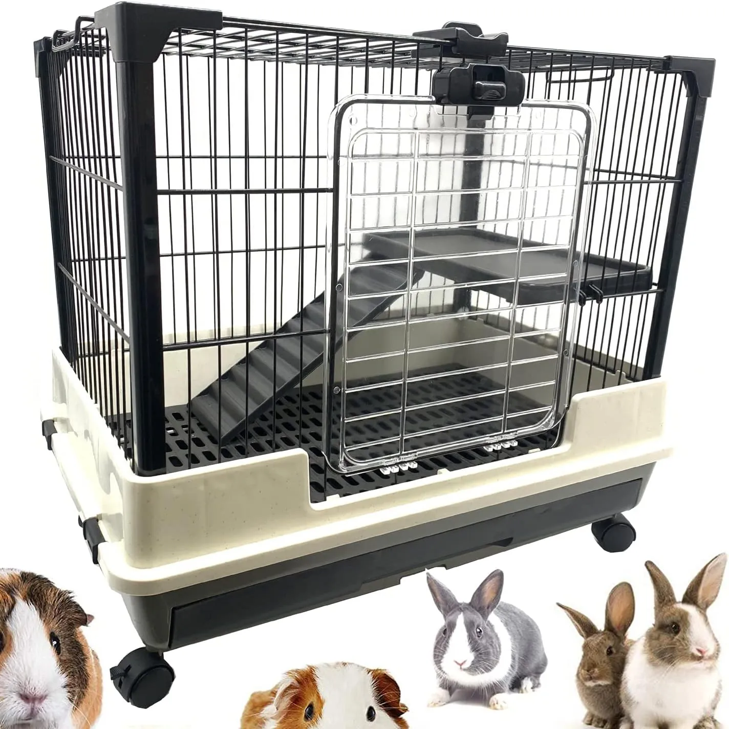 Large Deluxe Indoor/Outdoor Guinea Pig Chinchilla Ferret Squirrel Hedgehog Kitten Home Rabbit Bunny Hutch House Critter Habitat Easy Removable Washable 2-Inch Deep Tray Lockable Casters